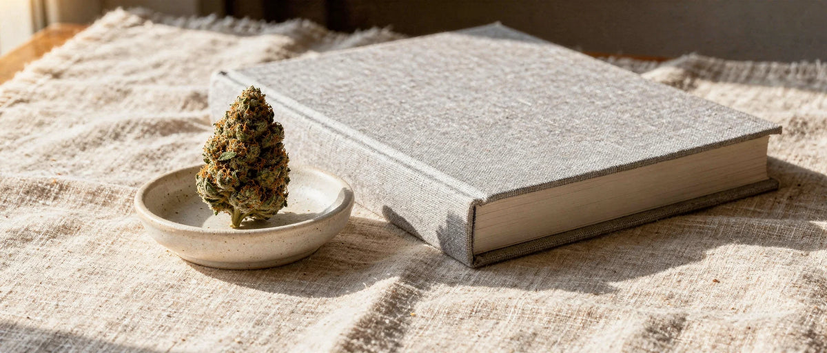 Keramikschale mit Hanfblüte neben geschlossenem Buch auf Leinen im Morgenlicht, Thema CBD und Schlaf