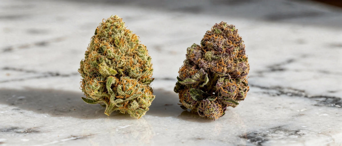 Zwei Hanfblüten nebeneinander auf weißem Marmor, eine hellgrün, eine dunkel mit Lilaton, Thema CBD vs THC