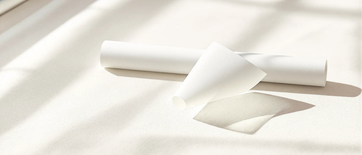 Rolle und einzelne Blätter aus dünnem Zigarettenpapier auf hellem Stoff im Tageslicht, Thema OCB Slim Papier